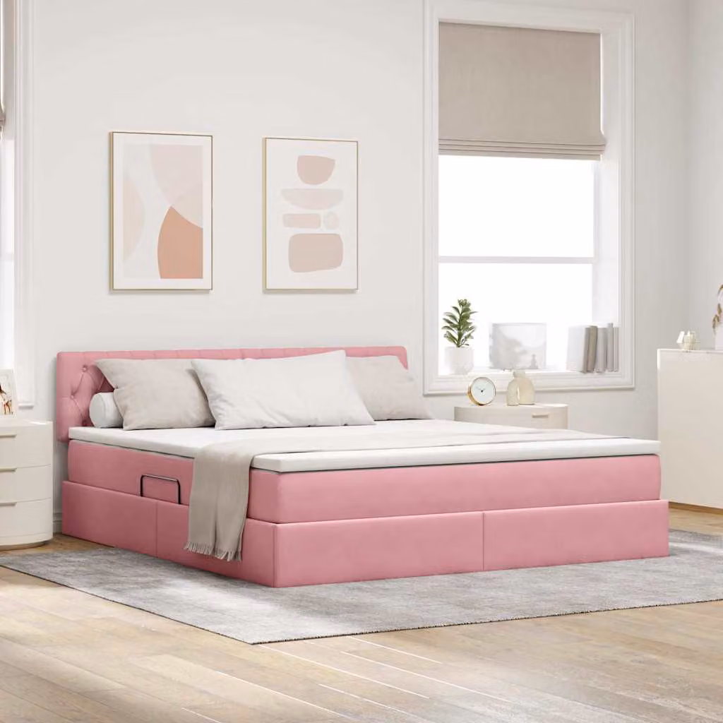 Letto con contenitore e illuminazione LED vidaXL in velluto rosa, L/P/H: 160 x 200 x 204 cm – 1