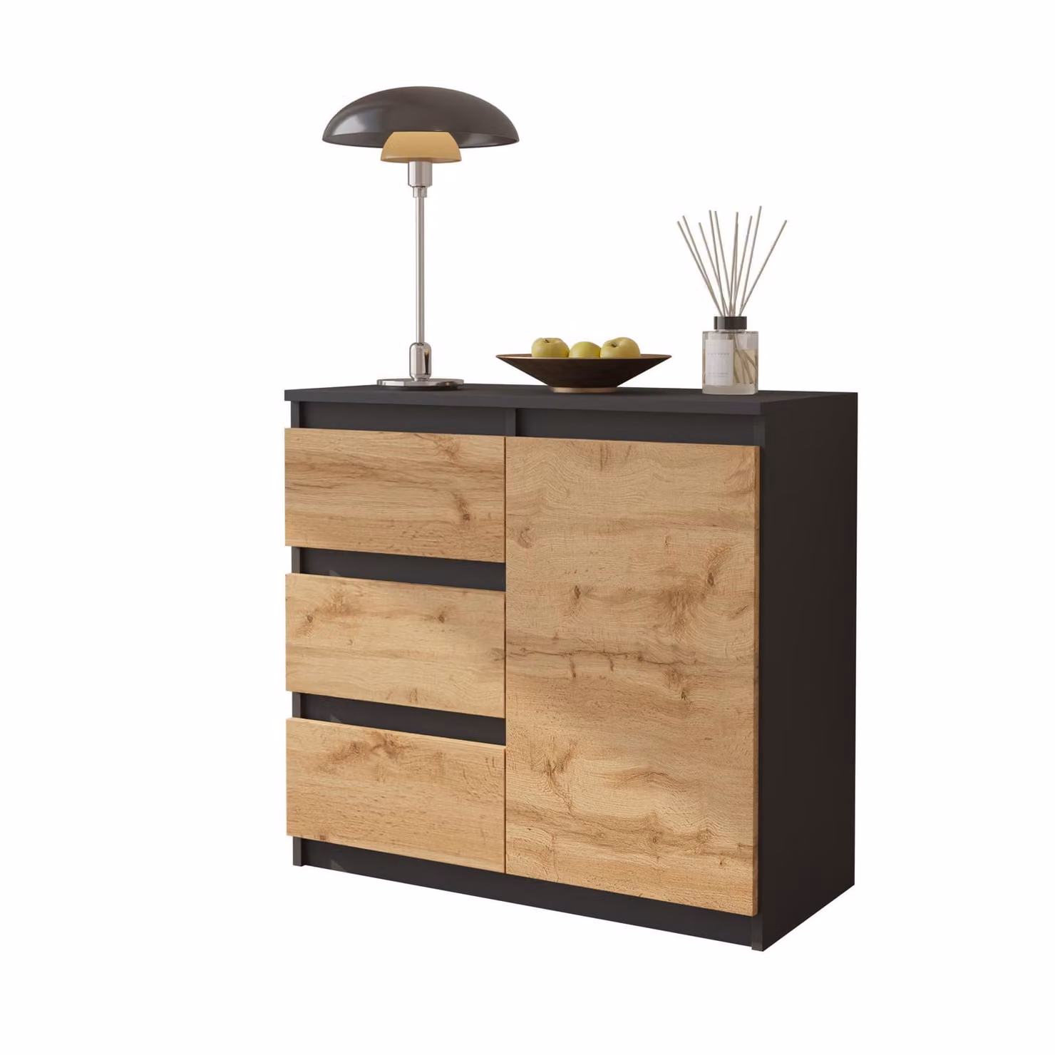 MIKEL - Cassettiera / credenza con 3 cassetti e 1 anta - Grigio antracite / Rovere Wotan H75cm L80cm P35cm