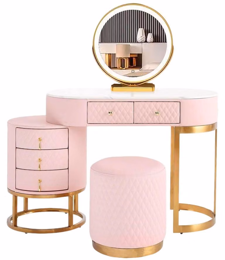 Comò da trucco con 3 specchi a LED e poggiapiedi, 5 cassetti, legno, rosa, 80 cm