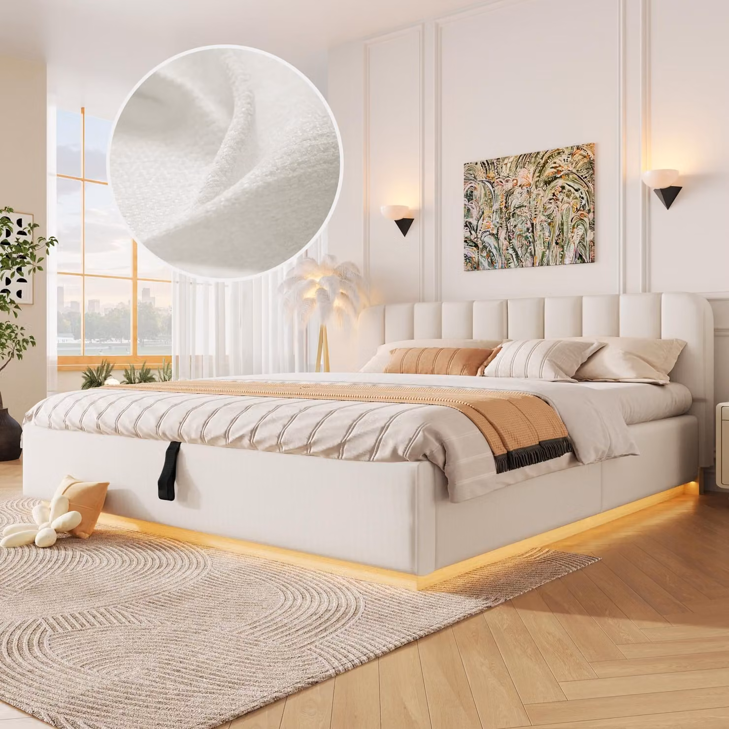 Letto imbottito 180 x 200 cm con contenitore a sollevamento idraulico, illuminazione a LED, rete a doghe e testiera imbottita, in tessuto chenille, color beige