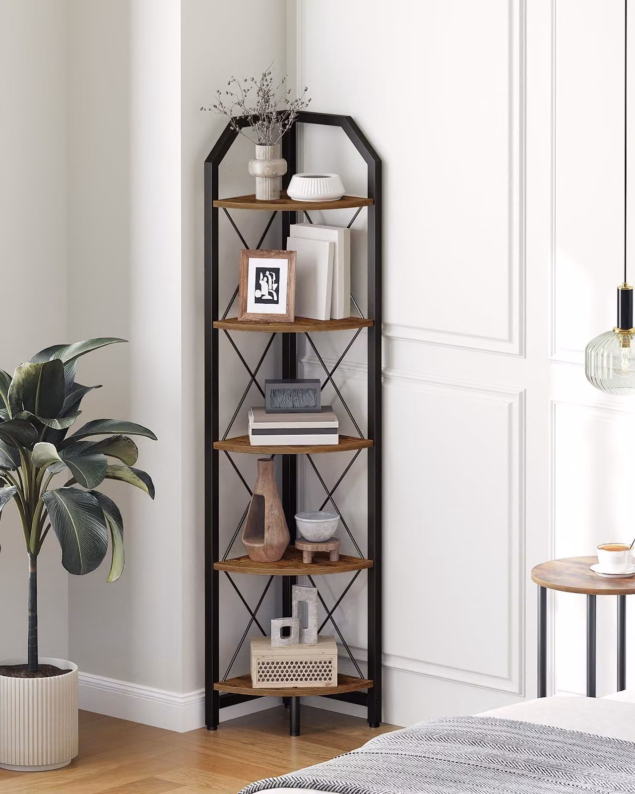 Scaffale angolare a 5 ripiani, ideale per l'organizzazione e la decorazione