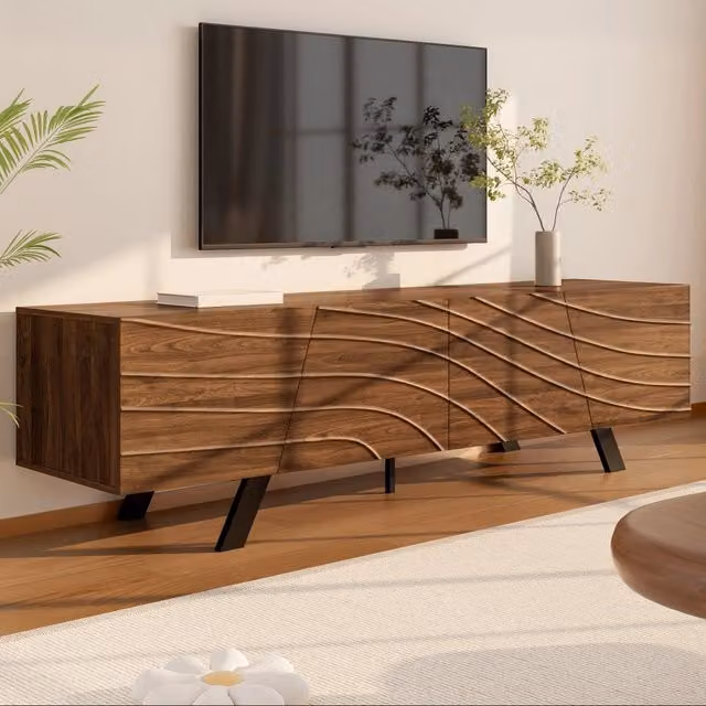Mobile TV moderno REDOM con frontale ondulato in MDF colore noce, L: 160 cm, P: 39 cm, H: 50,5 cm – 1