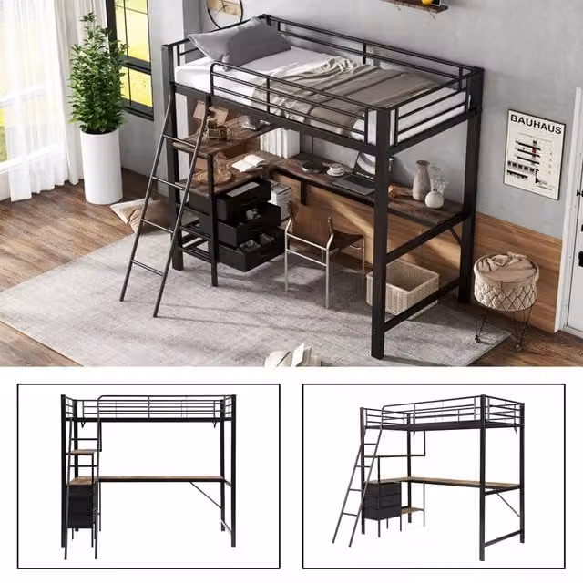 Letto a soppalco 90x200 con scrivania da 2 m; 3 cassetti; struttura in ferro; nero e noce scuro