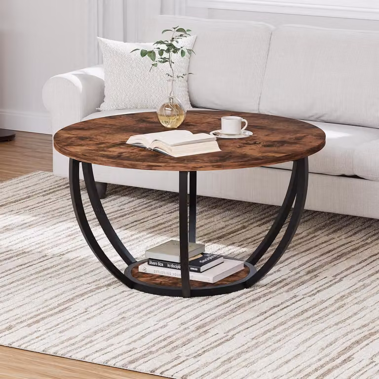 Tavolino da divano rotondo, a 2 livelli, con spazio contenitivo, in stile rustico, color marrone, dimensioni 70x70x45 cm