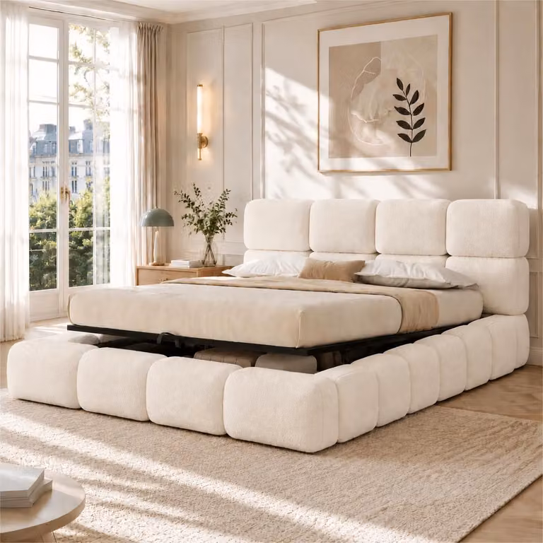 MODFU Letto matrimoniale 180x200 con sistema idraulico, struttura imbottita con spazio contenitore, letto multifunzionale con design "nuvola", letto per giovani con rete a doghe e testiera imbottita, senza materasso, colore bianco