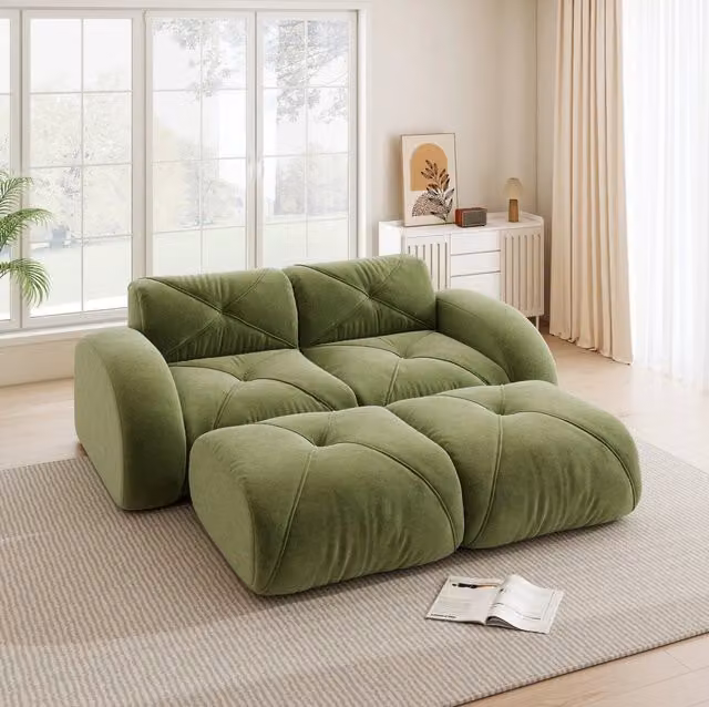 Divano modulare senza telaio in ciniglia verde; schiuma 32D; portata 200 kg per seduta