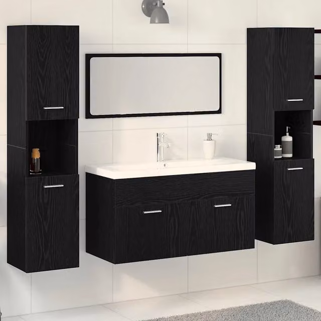 Set di mobili per il bagno 4 pz Rovere Nero 30 x 30 x 130 cm 3334379
