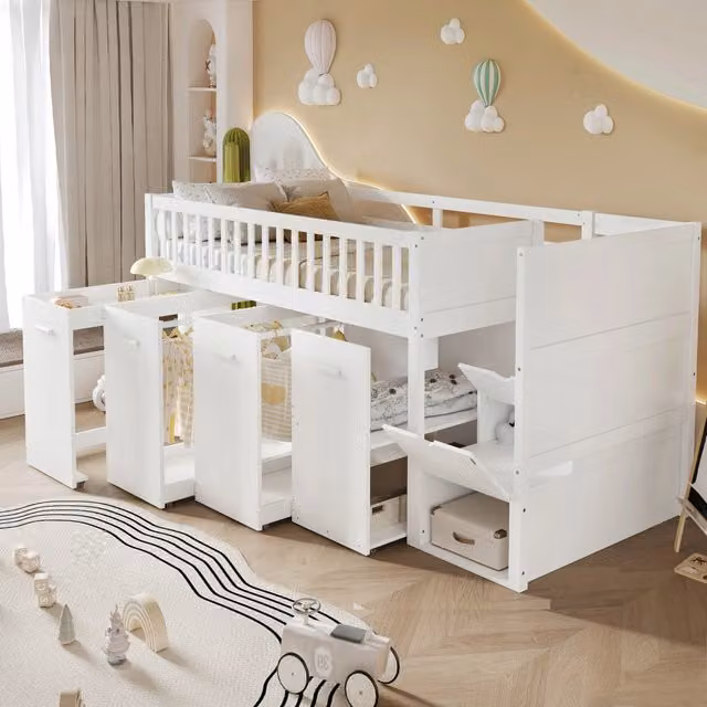 Letto a castello per bambini 90x200 cm con scrivania estraibile; armadi; scala contenitore e protezione anticaduta; bianco