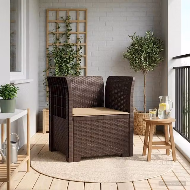 Poltrona singola moderna vidaXL in rattan color marrone con cuscino per giardino e balcone L: 70 cm, P: 62 cm, H: 68 cm – 1