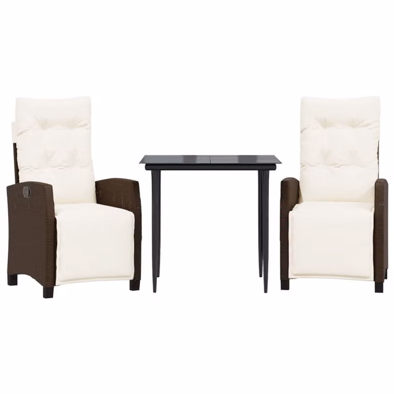 Set da Pranzo da Giardino 3pz con Cuscini in Polyrattan Marrone