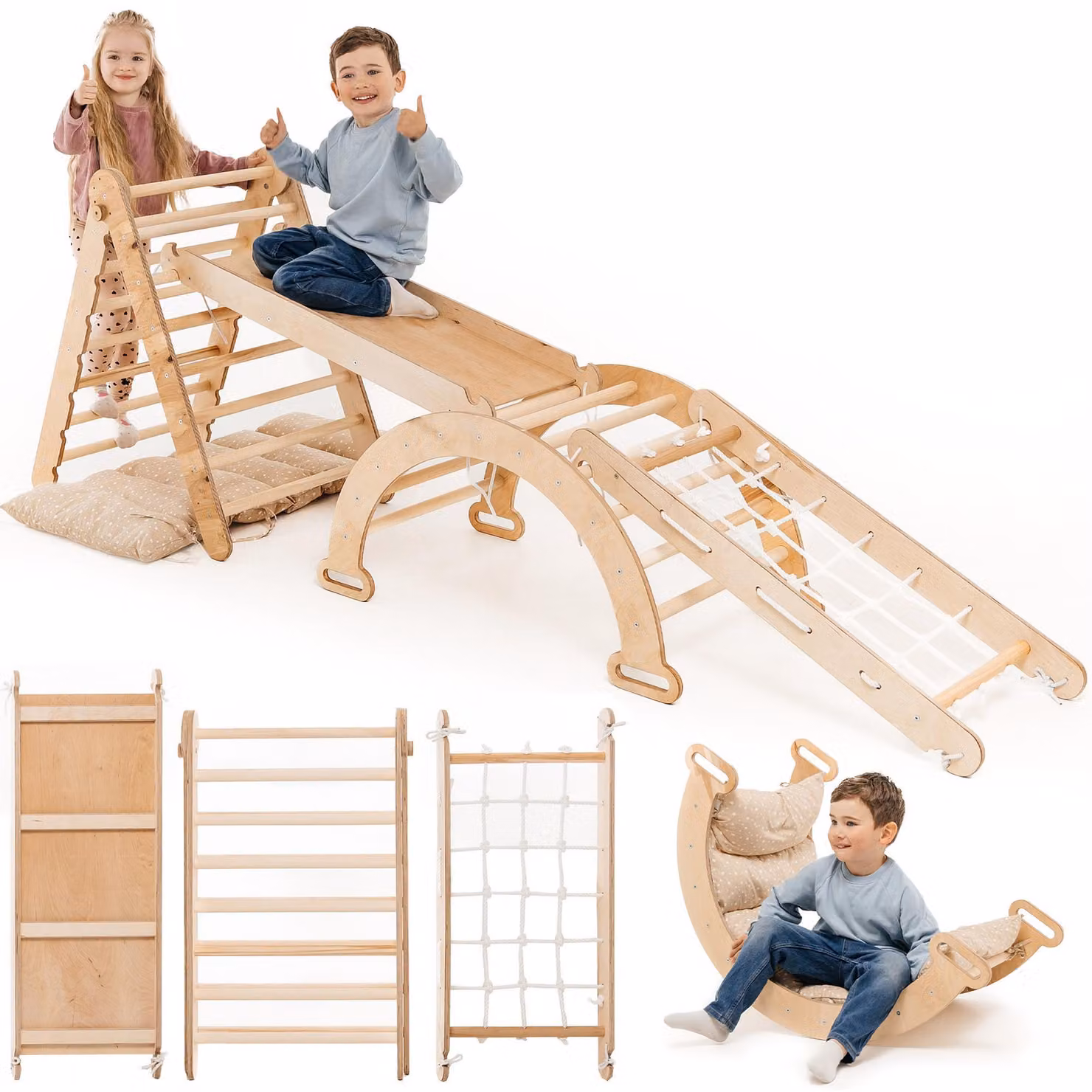 Struttura per arrampicata Montessori 5 in 1 per bambini piccoli - Scala triangolare, arco per arrampicata, rampa per arrampicata, rete e cuscini, per bambini da 1 a 5 anni