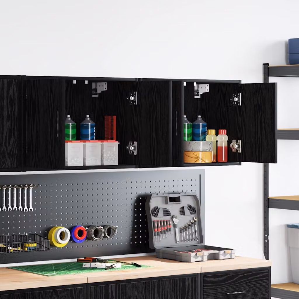 Set di 2 pensili da garage vidaXL in legno e MDF neri con ante a battente e ripiani interni, modello industriale da appendere al muro