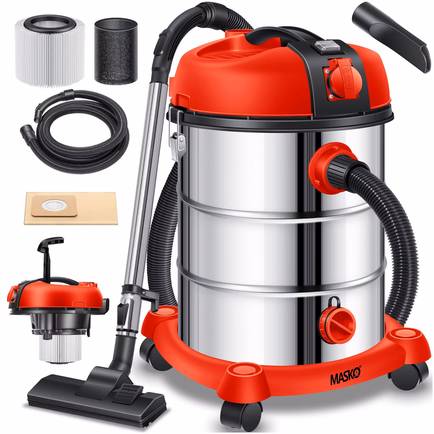 Aspirapolvere industriale MASKO®, aspiratore per liquidi e solidi con filtro HEPA, sistema di filtraggio 3 in 1, aspiratore da officina da 58 l/s con presa di corrente, 2300 W, 30 l, aspiratore industriale con e senza sacchetto, filtro + accessori, Push&C