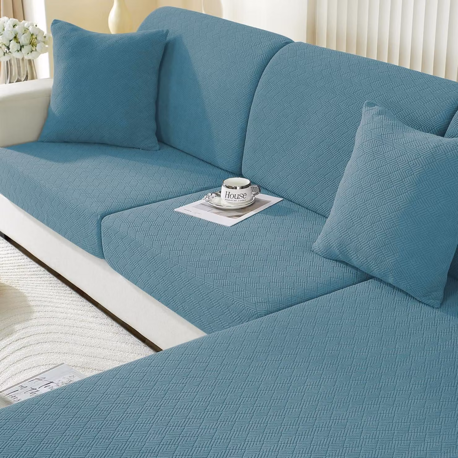 Copertura per cuscino da seduta, elasticizzata, antiscivolo, lavabile, azzurra, per 1 posto + divano a due piazze con chaise longue