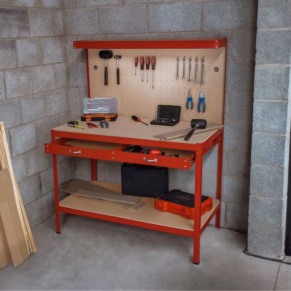 Banco da lavoro multiuso MONSTER SHOP con cassetti, luce LED e pannello forato, Rosso e Nero, L: 120 cm, P: 60 cm, H: 155 cm, capacità di carico 200 kg – 2