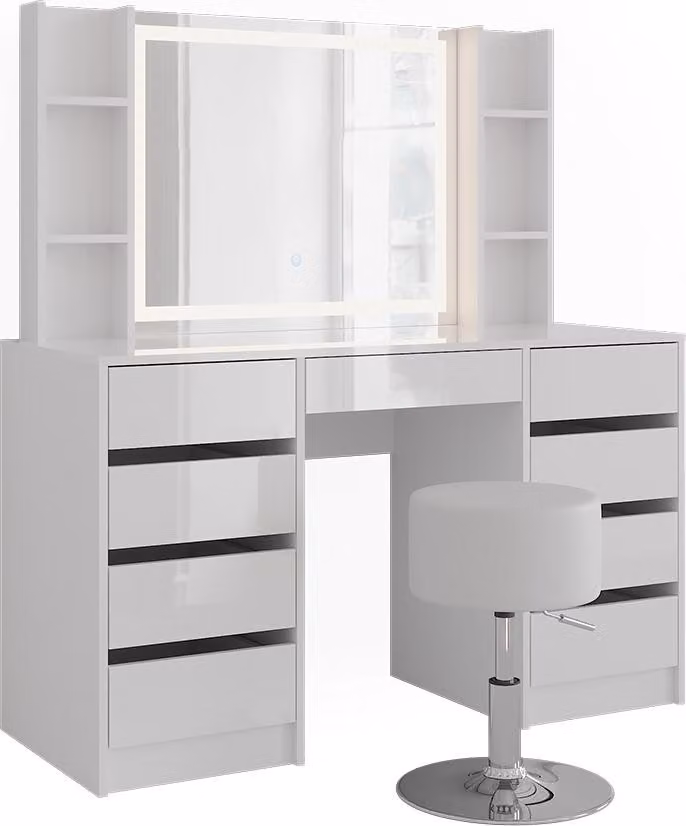 Tavolo da toeletta Vicco Sherry Bianco/Bianco lucido 128.2 cm con specchio LED e sgabello, Model 57638