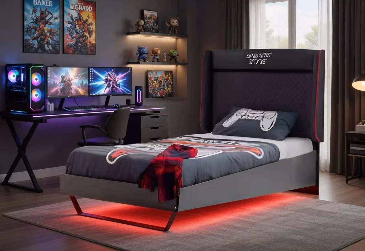 Letto da gioco per bambini nero e rosso con illuminazione a LED
