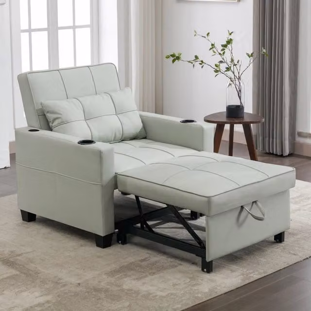 Poltrona letto estraibile 3 in 1 reclinabile MIVRAY in similpelle grigia con struttura in legno e metallo e portabicchieri