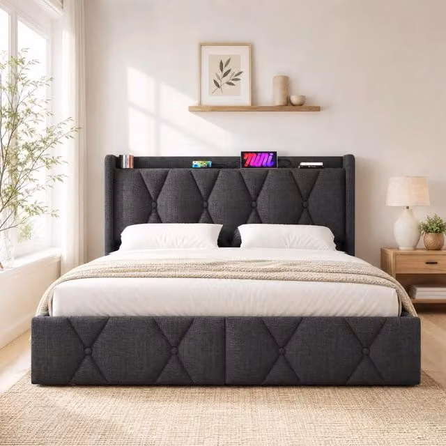 Letto matrimoniale ULEVR 160x200 cm in lino grigio con 4 cassetti, prese elettriche e 2 USB
