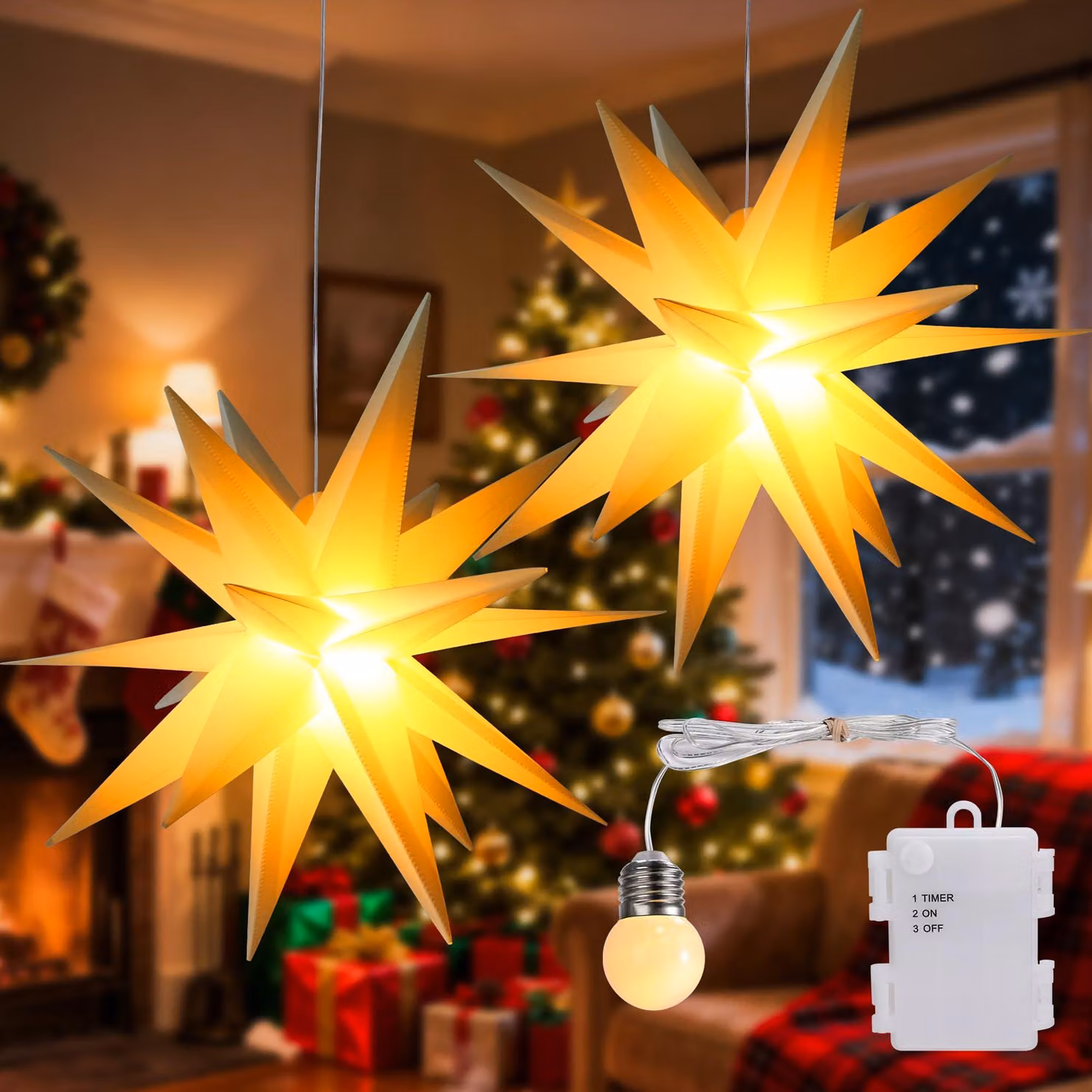 Catena luminosa a forma di stelle, 45 cm, confezione da 2, luce bianco caldo, alimentazione a batteria