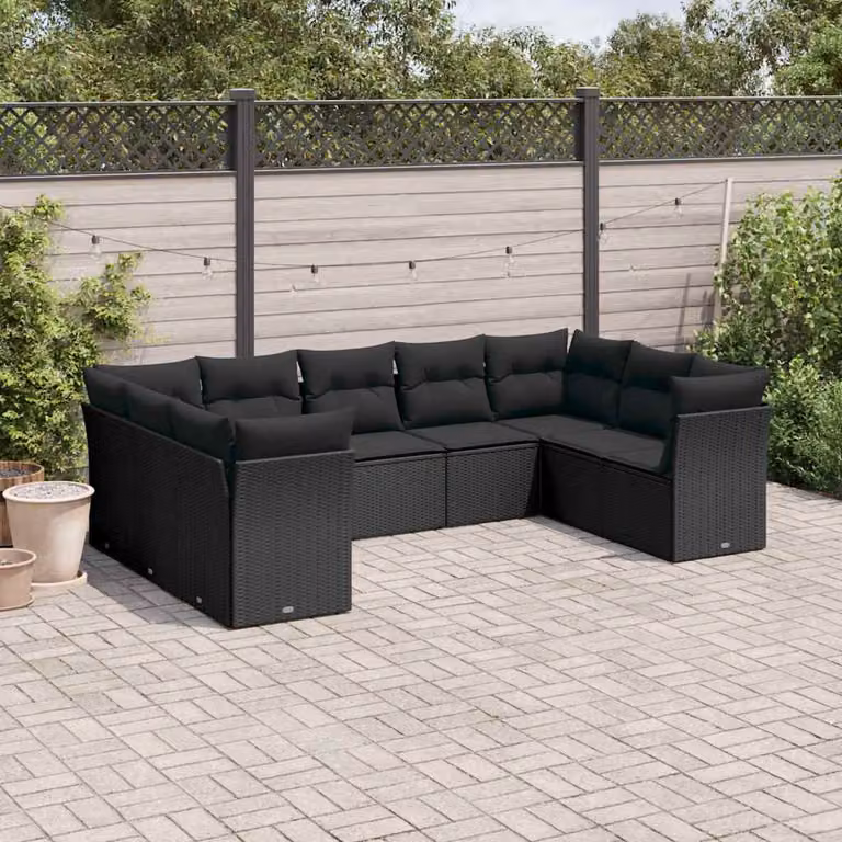 Set Divani da Giardino a L vidaXL 9 pz con Cuscini Nero in Polyrattan e Acciaio
