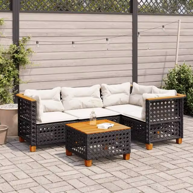 vidaXL Set Divani da Giardino 5 pz in Polyrattan Nero con Cuscini e Tavolino da Esterno