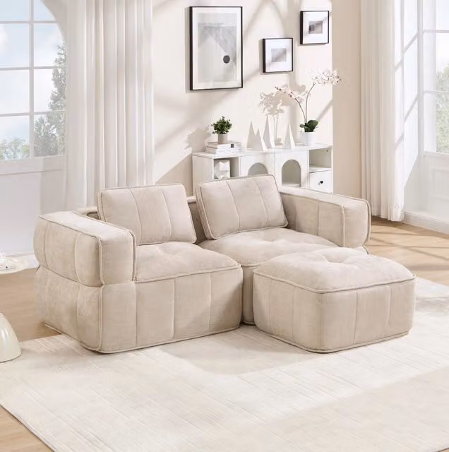 Divano modulare 2 posti con pouf 198x162 cm senza struttura in poliestere beige