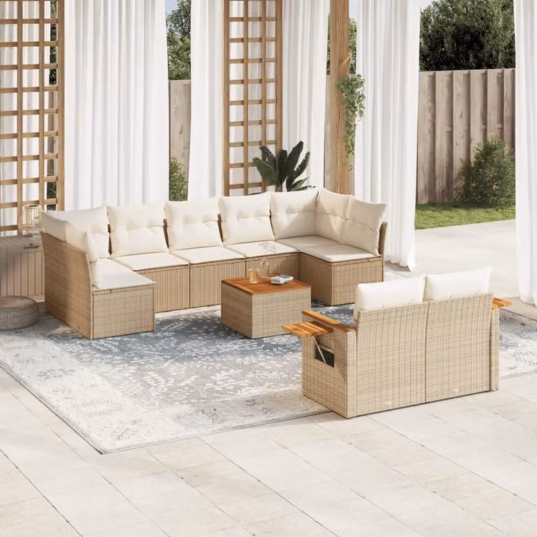 Set Divano da Giardino vidaXL 10 pz in Polyrattan con Cuscini Beige e Tavolino da Caffè Moderno