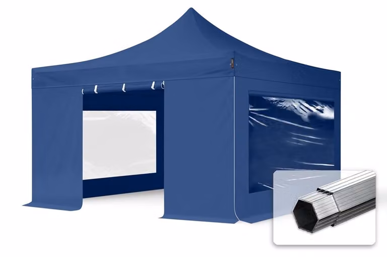 TOOLPORT 4x4m gazebo pieghevole PES con laterali (finestre panoramiche), PROFESSIONAL alluminio, blu