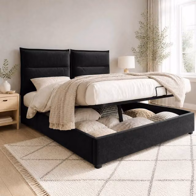 Letto matrimoniale contenitore ULEVR 140x200 cm con testiera regolabile e rete a doghe, velluto nero