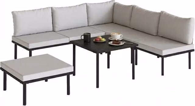 Set Salotto Giardino 5-6 Posti ¨C Minimal ¨C Polyrattan Grigio, Tavolo Legno