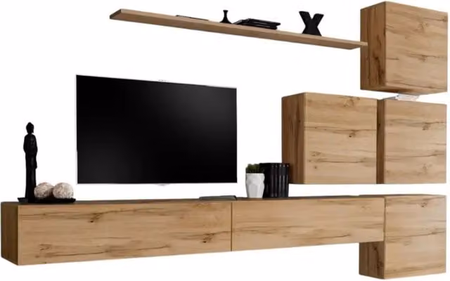 Composizione murale SWITCH IX Meublorama mobile TV sospeso in rovere Wotan marrone L: 310 cm, H: 40 cm, P: 200 cm – 1
