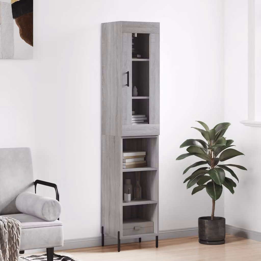 Credenza moderna vidaXL in legno e metallo con ante in vetro, Grigio, L/P/H: 34,5 x 34 x 180 cm
