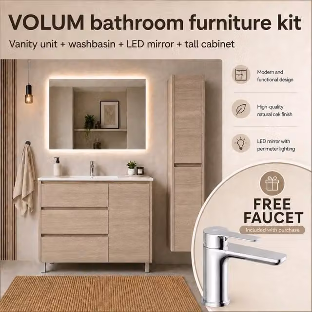 Set mobile bagno VOLUM Estepa beige con lavabo, specchio con illuminazione LED e colonna, L: 100 cm, P: 45 cm, H colonna: 140 cm – 1
