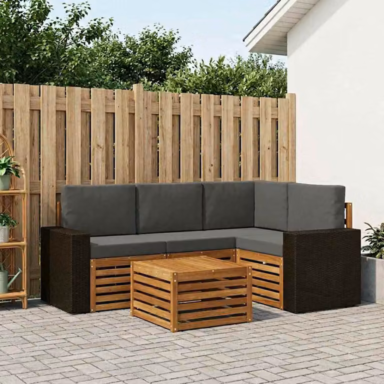 Set di divani da esterno vidaXL 5 pezzi a forma di L con tavolino da caffè, struttura in legno di acacia e cuscini in poliestere beige e antracite