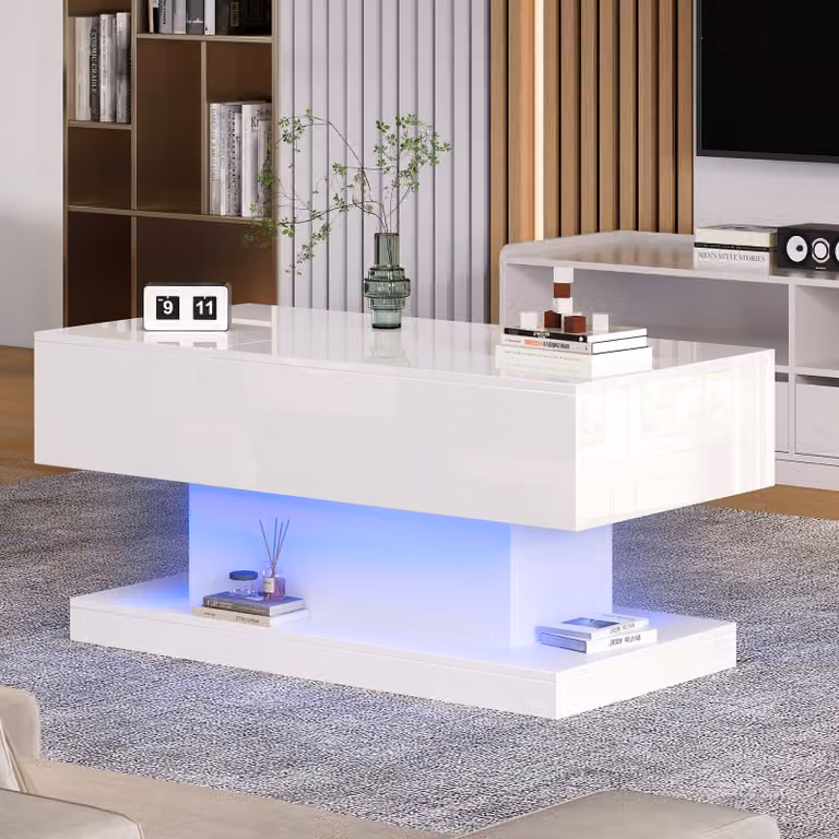 STILVORA 100x50x45cm tavolino lucido con vano portaoggetti, tavolo da soggiorno regolabile in altezza con illuminazione a LED, bianco