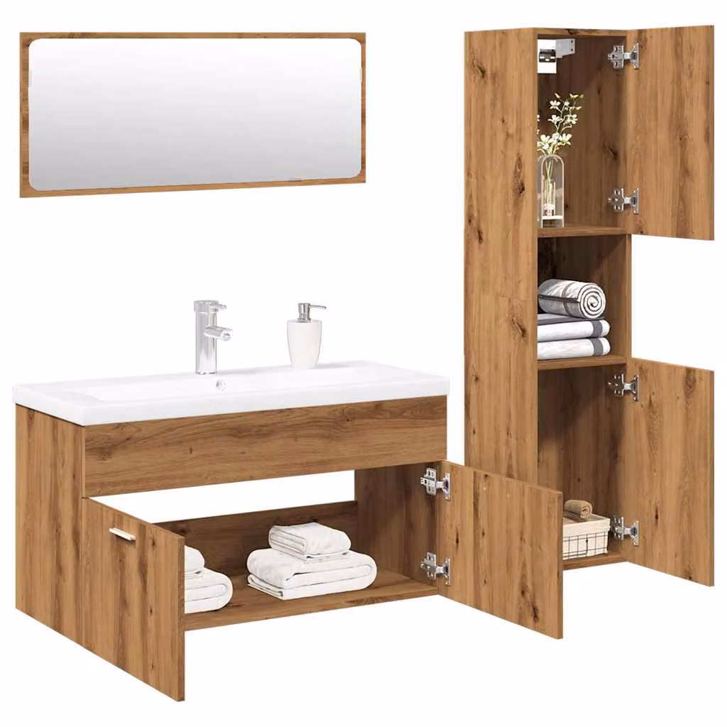 Set di mobili da bagno moderno vidaXL in legno e vetro, colore bianco e rovere, composto da mobile lavabo, pensile e armadietto con specchio