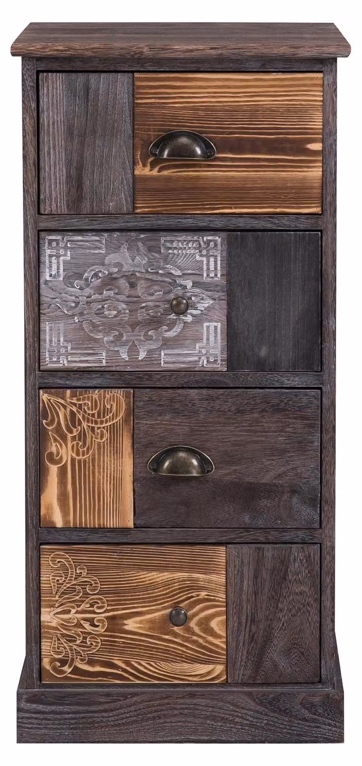 Comodino MARA, scaffale a terra, scaffale portaoggetti, stile vintage shabby chic con 4 cassetti