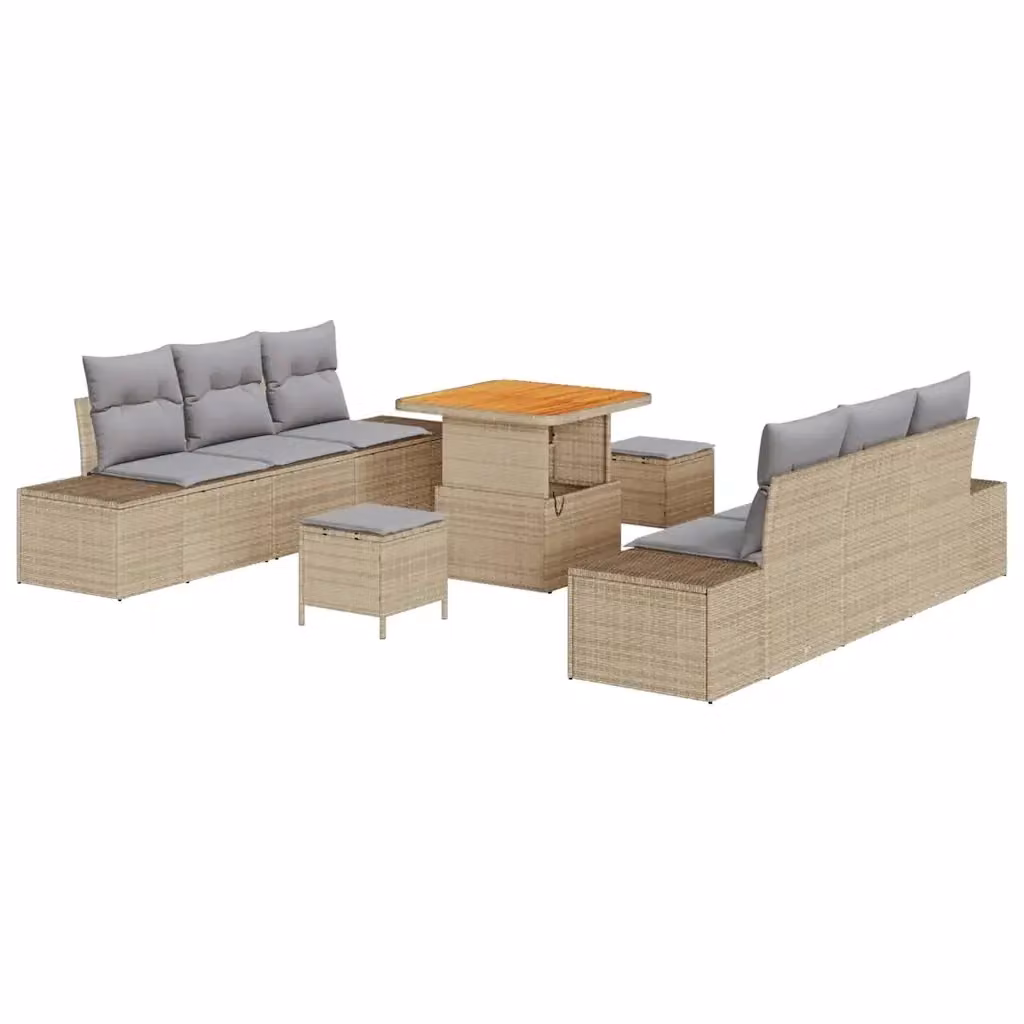 Set Divano da Giardino vidaXL a Forma di U con 9 Pezzi, Colore Beige, in Rattan e Legno di Acacia con Tavolino e Pouf – 2