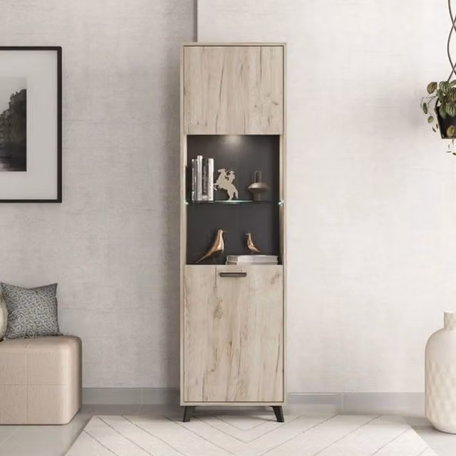 Vetrina Espositore DMORA Raggiolo con Ante in Vetro e 4 Ripiani, Marrone Rovere Chiaro, L: 53.5 cm, P: 33 cm, H: 191.5 cm – 1