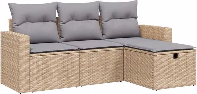 Set Divano da Giardino 4 pz | Set Salotto da Giardino con Cuscini Beige Misto Polyrattan