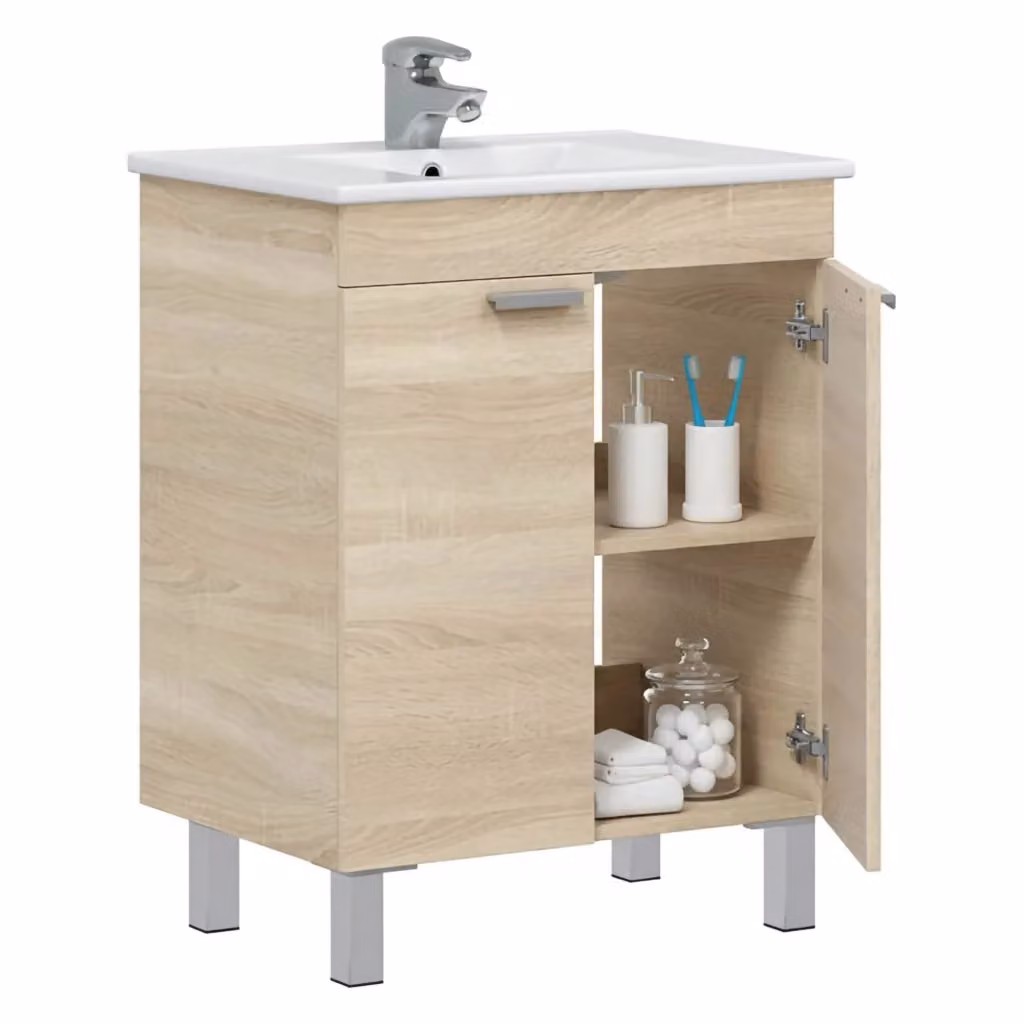 DMORA Mobile Sottolavabo Polino con 2 Ante Soft Close e Ripiani Interni, Marrone Rovere, L: 60 cm, P: 45 cm, H: 80 cm – 2