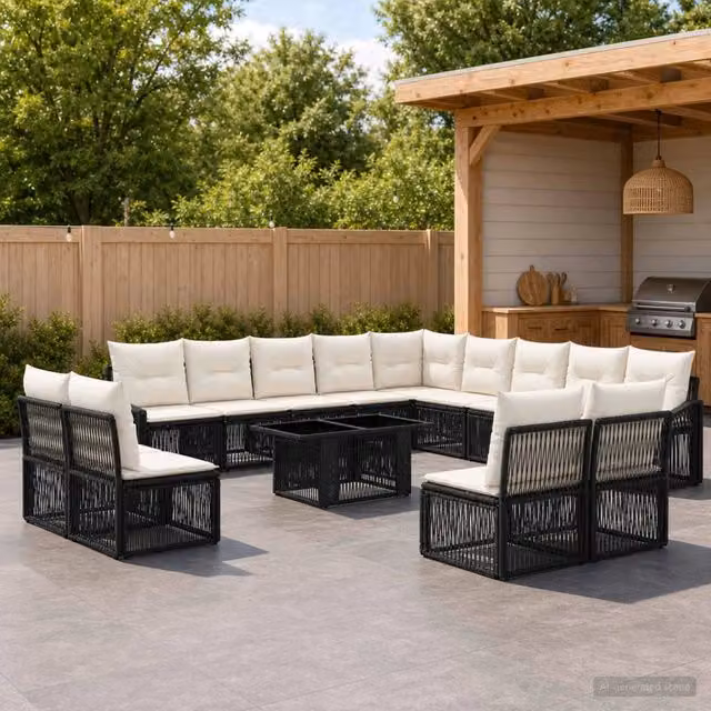 Set Divano da Giardino vidaXL a forma a U composto da 14 pezzi con tavolino da caffè, in rattan e metallo, colori Nero e Bianco Crema – 1