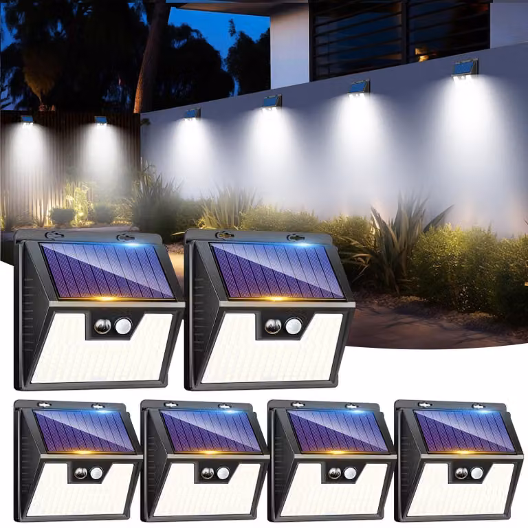 Set di 6 luci solari per esterni, 176 LED, grado di protezione IP65, sensore di movimento, luce bianca fredda