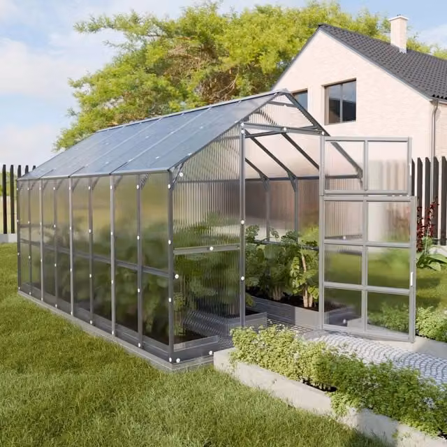 Serra da giardino KLASIKA HOUSE con rivestimento in policarbonato trasparente e struttura in acciaio e alluminio, L: 4,12 m, P: 2,35 m