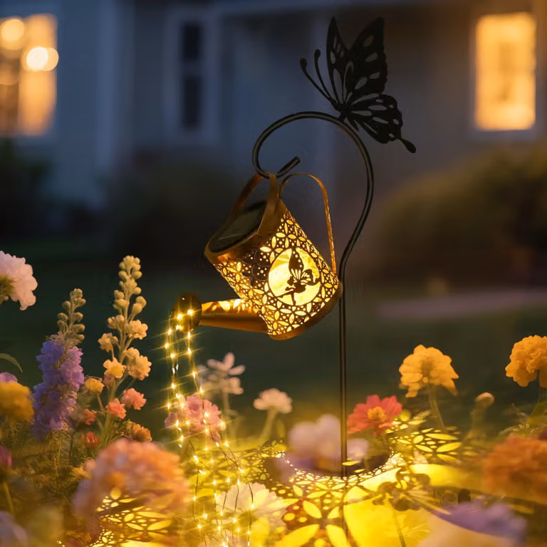 Catena luminosa solare a forma di annaffiatoio, con LED, dimensioni 12x10 cm, luce bianco caldo