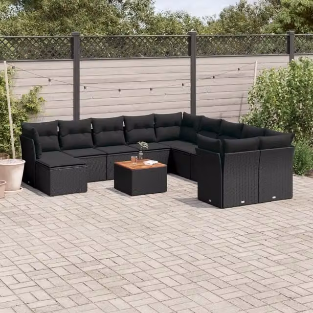 Set di Divani da Giardino a Forma di U vidaXL in Polyrattan Nero con Cuscini e Tavolino da Esterno – 1