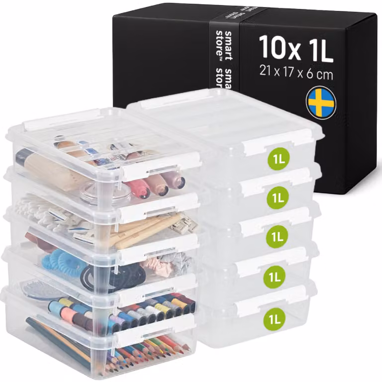 SmartStore - 10 contenitori di stoccaggio con coperchio, modello Classic, capacità 1 litro (21x17x6 cm) | Impilabili