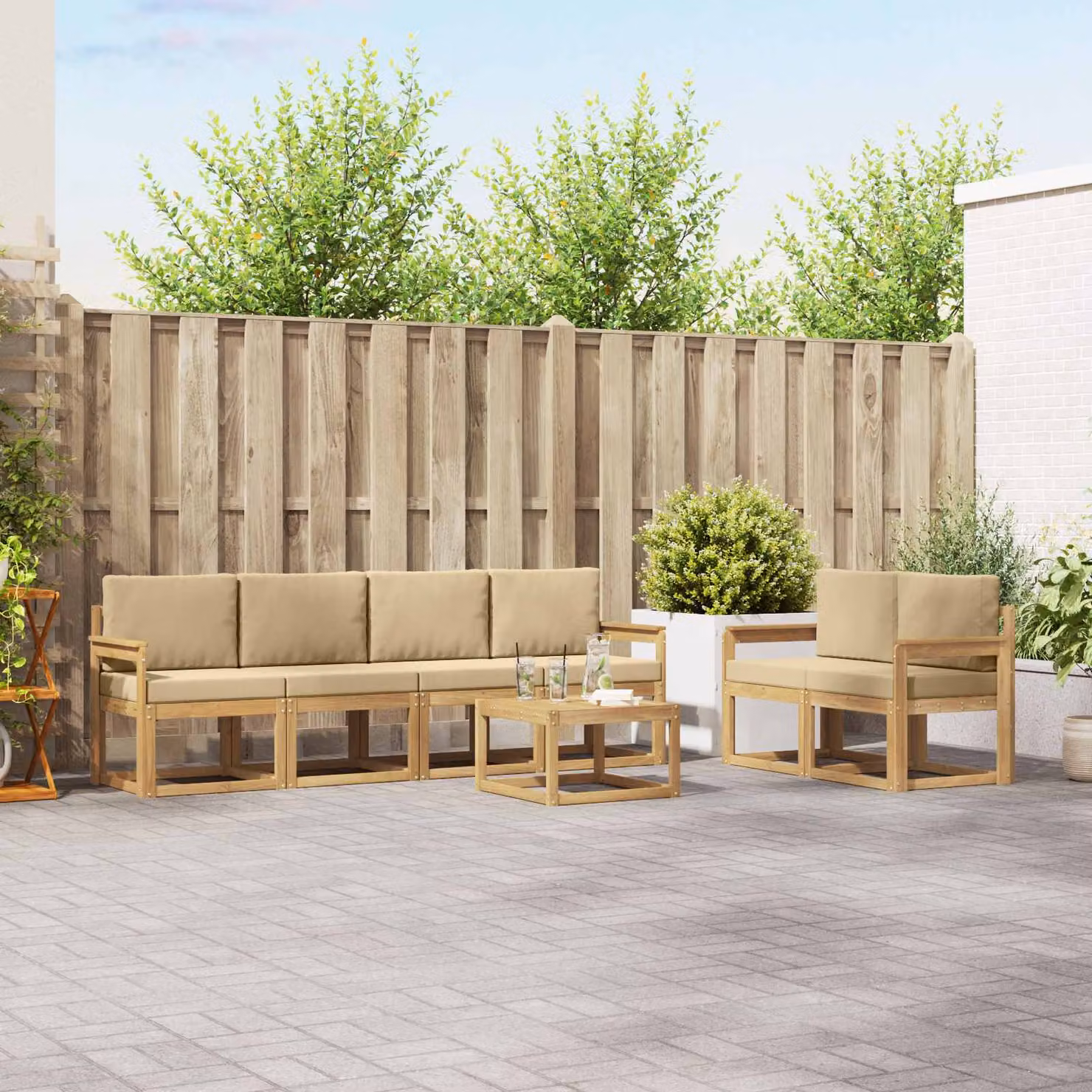 Set di divani da esterno vidaXL 7 pezzi in legno di acacia con cuscini Bianco e Beige
