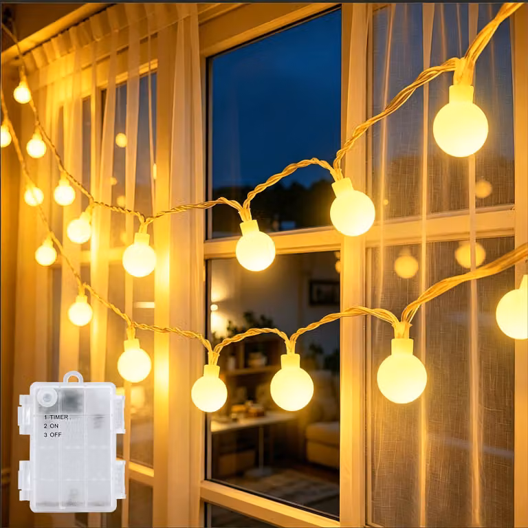 Catena luminosa a LED, 6 metri, 40 sfere bianco caldo, grado di protezione IP65, con timer